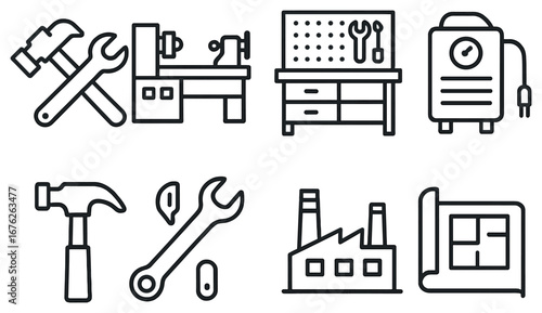 Workshop tool linear icon set. featuring hammer, lathe, workbench, welding machine, factory, blueprint