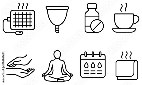 Health and wellness linear icon set. featuring heating pad, menstrual cup, medicine, tea, massage, meditation, calendar, towel