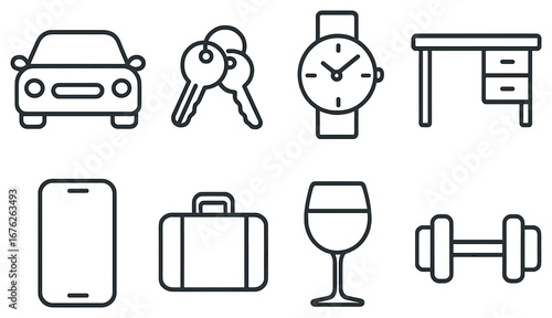 Everyday items linear icon set. featuring car, keys, watch, desk, phone, suitcase, wine glass, dumbbell