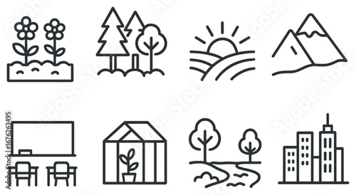 Nature and urban linear icon set. featuring flowers, trees, sunrise, mountains, classroom, greenhouse, park, and city.