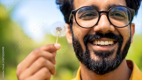Smiling man holding dandelion puff