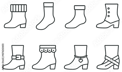 Footwear linear icon set. featuring ankle boots, socks, and button, buckle, heart, and strap shoes