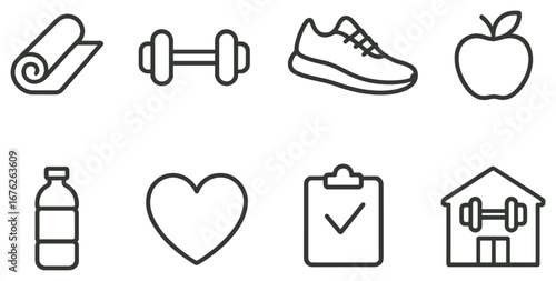 Fitness equipment linear icon set. featuring mat, dumbbell, sneaker, apple, bottle, heart, checklist, gym.