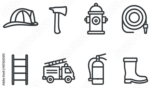 Firefighting equipment linear icon set. featuring helmet, axe, hydrant, hose, ladder, truck, extinguisher, boots