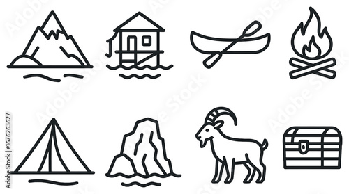 Camping adventure linear icon set. featuring mountain, cabin, canoe, bonfire, tent, cliff, goat, chest
