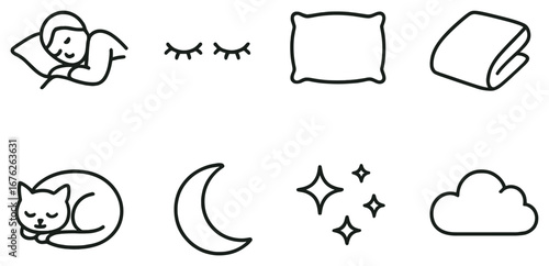 Sleep and relaxation linear icon set. featuring sleeping person, closed eyes, pillow, blanket, cat, moon, stars, and cloud icons