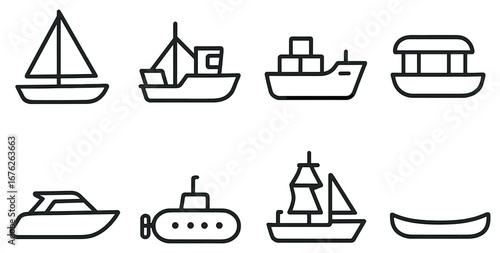 Maritime transport linear icon set. featuring sailboat, cargo ship, ferry, yacht, and submarine symbols