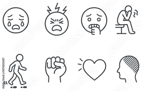 Emotions linear icon set. featuring sad, headache, anxious, depression, despair, contemplation, strength, love, reflection symbols