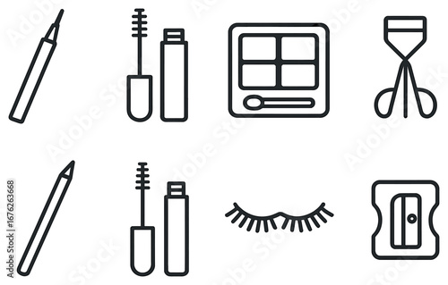 Cosmetics linear icon set. featuring eyeliner, mascara, eyeshadow, eyelash curler, pencil, and sharpener