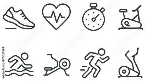 Fitness equipment linear icon set. featuring shoe, heart, stopwatch, bike, swimming, rowing, running, exercise