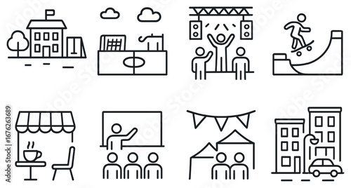 Community activities linear icon set. featuring school, sports, concert, skatepark, cafe, classroom, festival, and cityscape