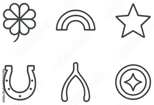 Symbols and luck linear icon set. featuring clover, rainbow, star, horseshoe, wishbone, and sparkle icons