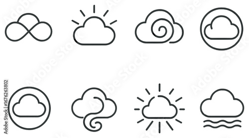 Weather linear icon set. featuring sun, cloud, cloud swirl, cloud infinity, cloud wave symbols