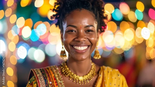 Smiling woman in traditional dress at night festival