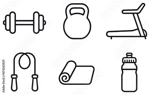 Fitness equipment linear icon set. featuring dumbbell, kettlebell, treadmill, jump rope, mat, bottle