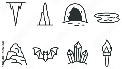 Cave exploration linear icon set. featuring stalactite, stalagmite, cave, pond, mountain, bat, crystals, and torch
