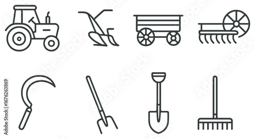 Agriculture tools linear icon set. featuring tractor, plow, cart, harrow, sickle, pitchfork, shovel, and rake.