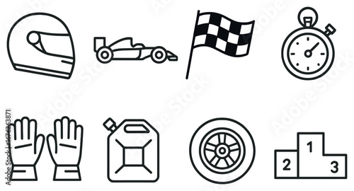 Motorsport linear icon set. featuring helmet, race car, flag, stopwatch, gloves, fuel can, wheel, podium