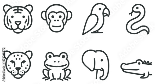 Wildlife linear icon set. featuring tiger, monkey, parrot, snake, leopard, frog, elephant, crocodile symbols