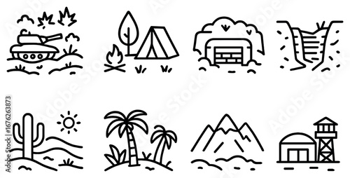 War and nature linear icon set. featuring tank, campfire, bunker, trench, desert, tropical, mountains, watchtower