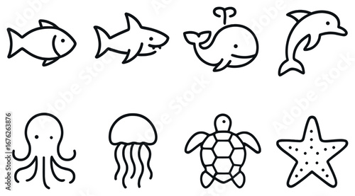 Marine life linear icon set. featuring fish, shark, whale, dolphin, octopus, jellyfish, turtle, starfish