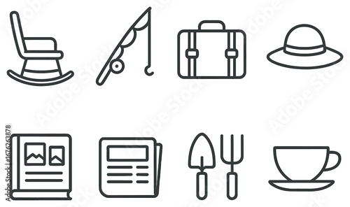 Hobby and travel linear icon set. featuring rocking chair, fishing, suitcase, hat, book, newspaper, gardening tools, and teacup