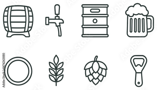Brewery and beer linear icon set. featuring barrel, tap, keg, mug, plate, grain, hop, bottle opener