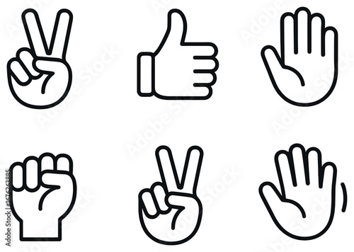 Gestures flat icon set. featuring peace, thumbs up, high-five, fist, wave symbols