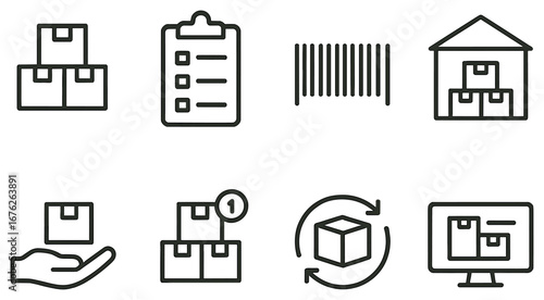 Warehouse management linear icon set. featuring package, inventory, barcode, storage, delivery, return, and tracking symbols