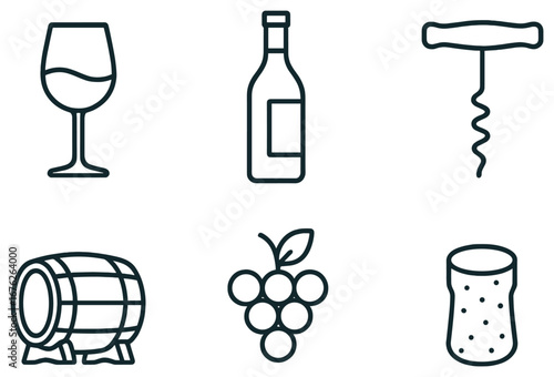 Wine collection linear icon set. featuring glass, bottle, corkscrew, barrel, grapes, and cork symbols