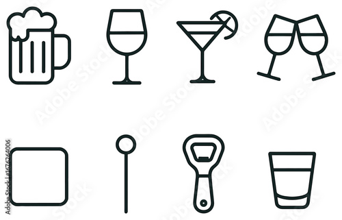 Drinks and party linear icon set. featuring beer, wine, cocktail, toast, ice, stirrer, opener, and shot glass