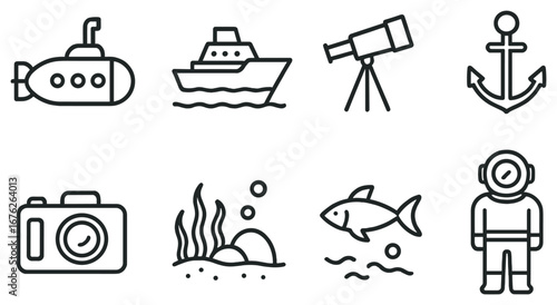 Nautical exploration linear icon set. submarine, ship, telescope, anchor, camera, sea life, fish, diver