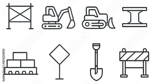 Construction machinery linear icon set. featuring excavator, bulldozer, crane, scaffolding, i-beam, bricks, sign, shovel, barrier