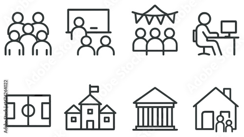 Education linear icon set. featuring classroom, lecture, meeting, computer, sports, school, university, home education