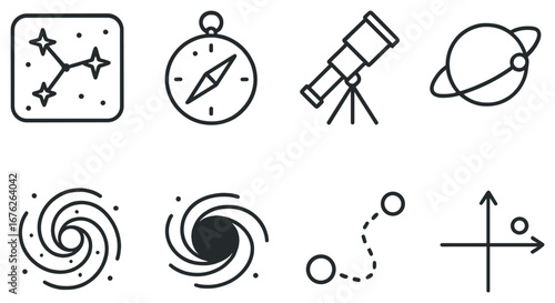 Space exploration linear icon set. featuring constellation, compass, telescope, planet, galaxy, spiral, path, and coordinates