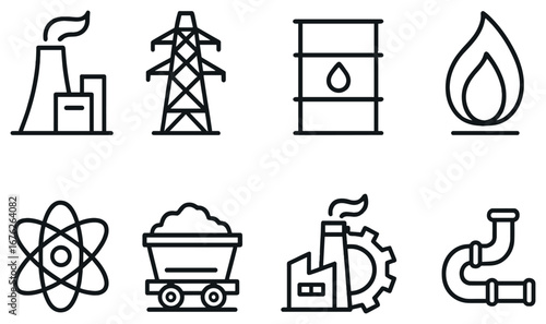 Energy and industry linear icon set. featuring factory, power line, oil barrel, flame, atom, coal, gear, pipe