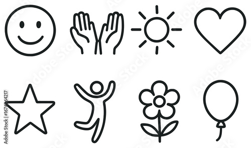 Happiness and positivity linear icon set. featuring smile, hands, sun, heart, star, joy, flower, balloon symbols