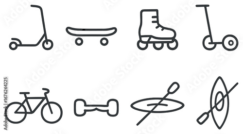 Outdoor sports linear icon set. featuring scooter, skateboard, rollerblade, bicycle, hoverboard, kayak symbols
