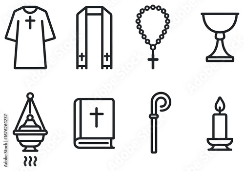 Religious linear icon set. featuring robe, stole, rosary, chalice, censer, bible, crook, and candle symbols