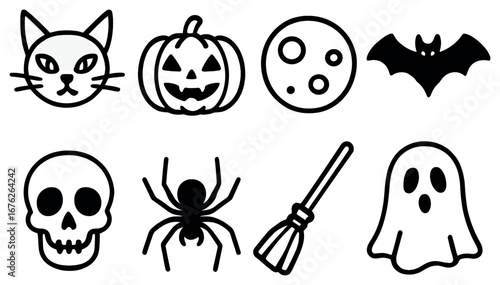 Halloween linear icon set. featuring cat, pumpkin, moon, bat, skull, spider, broom, and ghost symbols