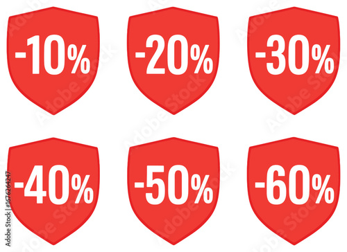 Discounts 3d icon set. featuring shields with percentages: 10, 20, 30, 40, 50, 60 off
