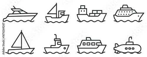 Marine transportation linear icon set. featuring yacht, sailboat, cargo ship, cruise ship, ferry, and submarine