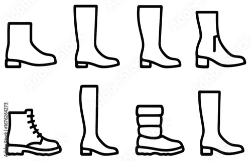 Footwear linear icon set. featuring boots, sneakers, sandals, heels, loafers, moccasins, combat, rain boots