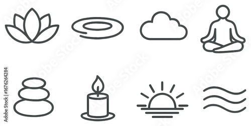 Wellness and meditation linear icon set. featuring lotus, stone, water, cloud, meditation, candle, sunrise, waves symbols