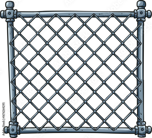 Metal Chain Link Fence Panel Illustration with Detailed Posts and Connectors for Security and Boundaries Vector Graphic 