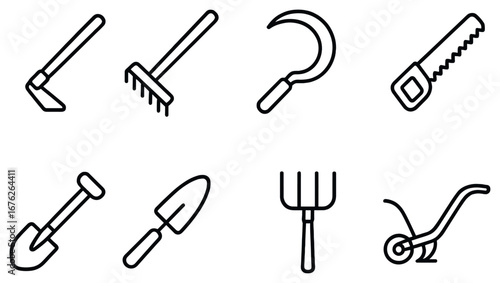 Gardening tools linear icon set. featuring hoe, rake, sickle, saw, shovel, trowel, pitchfork, and plow