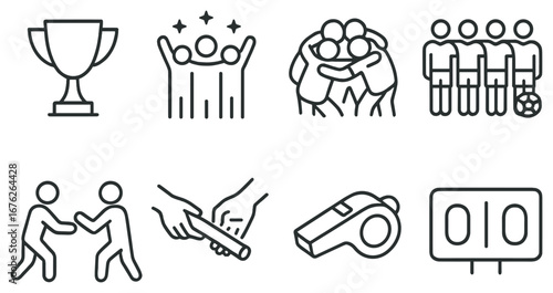 Sports teamwork linear icon set. featuring trophy, celebration, team huddle, soccer, handshake, relay, whistle, scoreboard