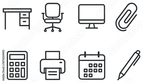 Office essentials linear icon set. featuring desk, chair, monitor, paperclip, calculator, printer, calendar, pen