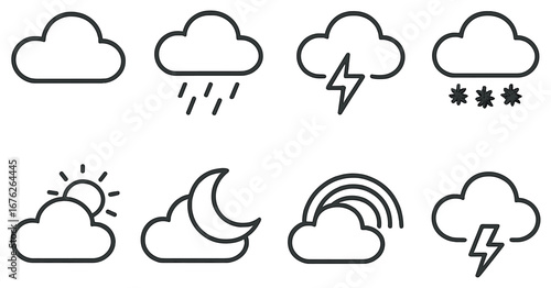 Weather forecast linear icon set. featuring cloud, rain, storm, snow, sun, moon, rainbow, thunder symbols
