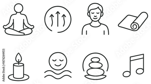 Wellness and meditation linear icon set. featuring yoga, breathing, relaxation, mat, candle, music symbols